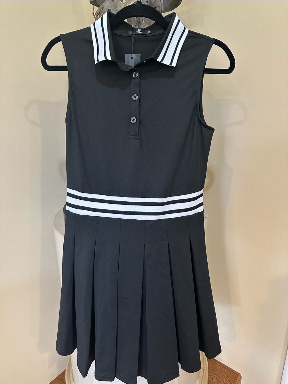 Sleeveless Black Polo Dress with White Stripe Collar and Waist